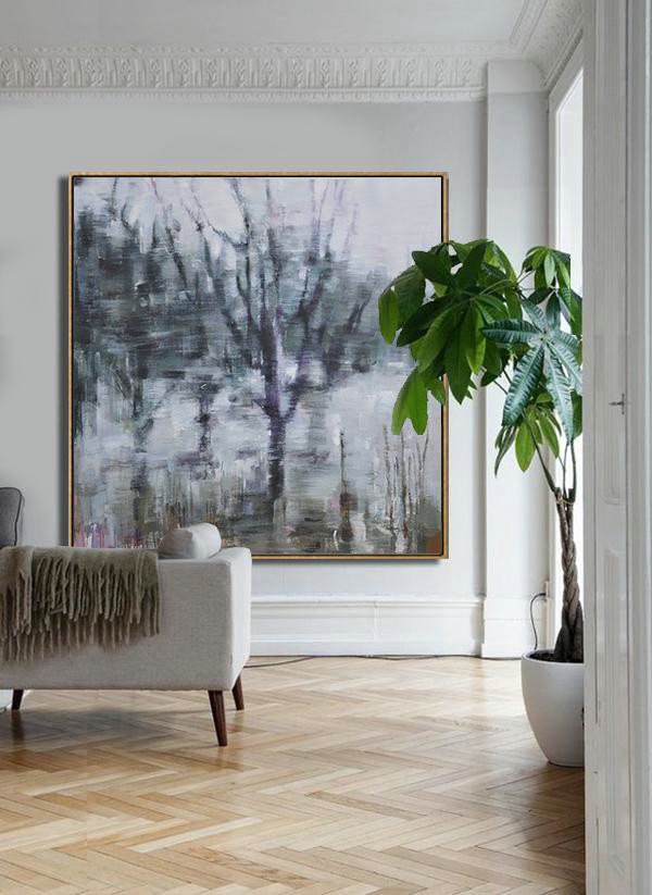 Abstract Landscape Oil Painting,Hand Painted Abstract Art White,Dark Green,Grey,Purple